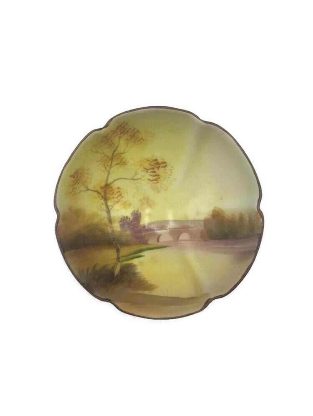 Antique Noritake China Bowl: Hand-Painted Tree in Meadow, Asian Decor